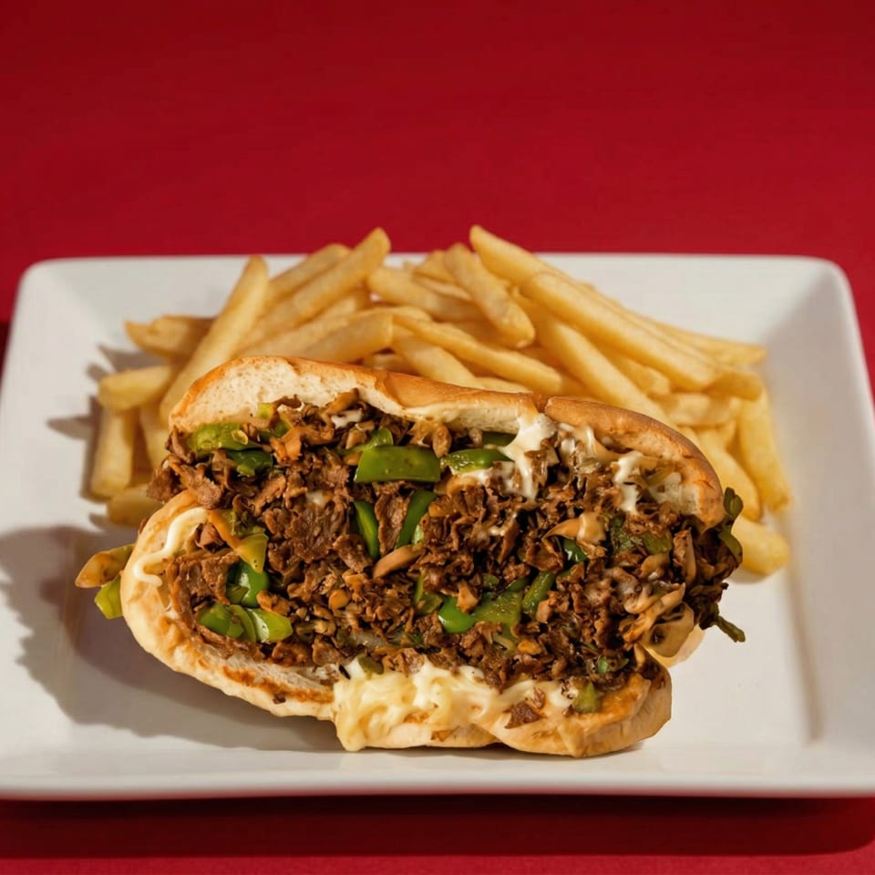 A sliced cheesesteak sandwich with green peppers and mushrooms, served with french fries on a white plate.