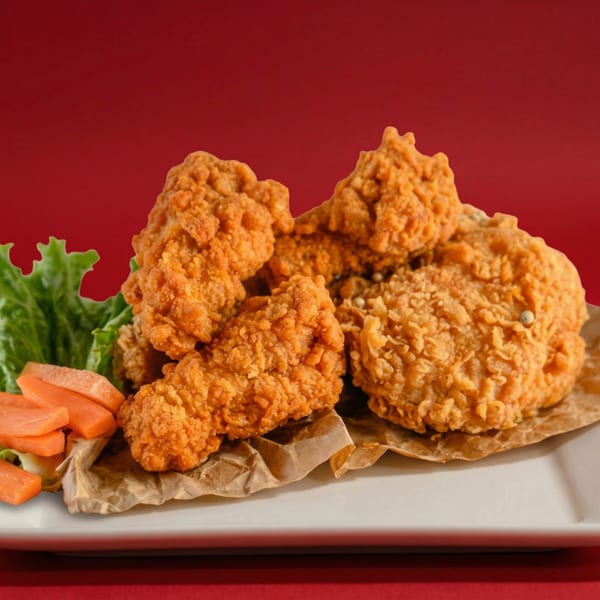 Crispy fried chicken pieces with lettuce and carrot sticks on a white plate against a red background.