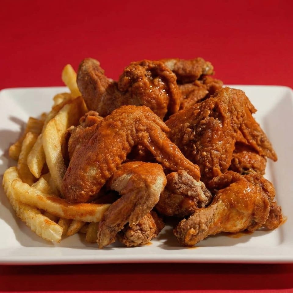 A white plate piled high with crispy, saucy chicken wings and golden french fries.