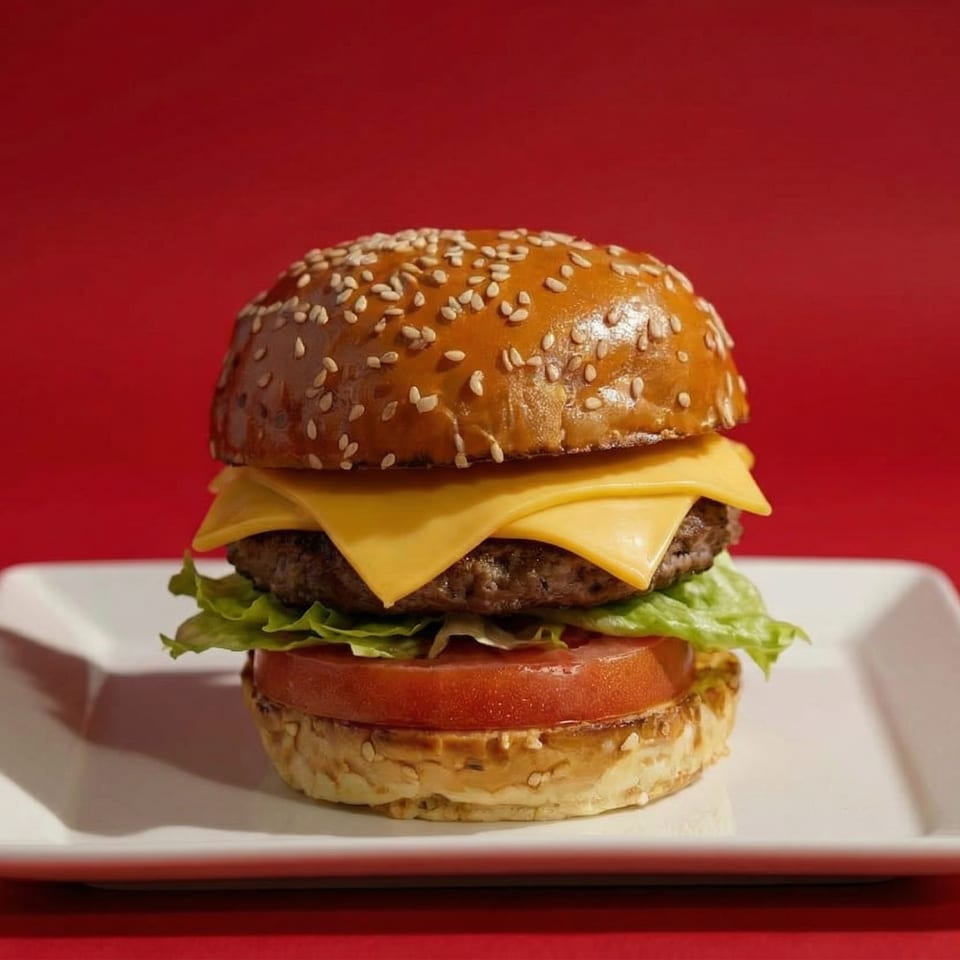 A cheeseburger with lettuce and tomato on a sesame seed bun, served on a white plate.