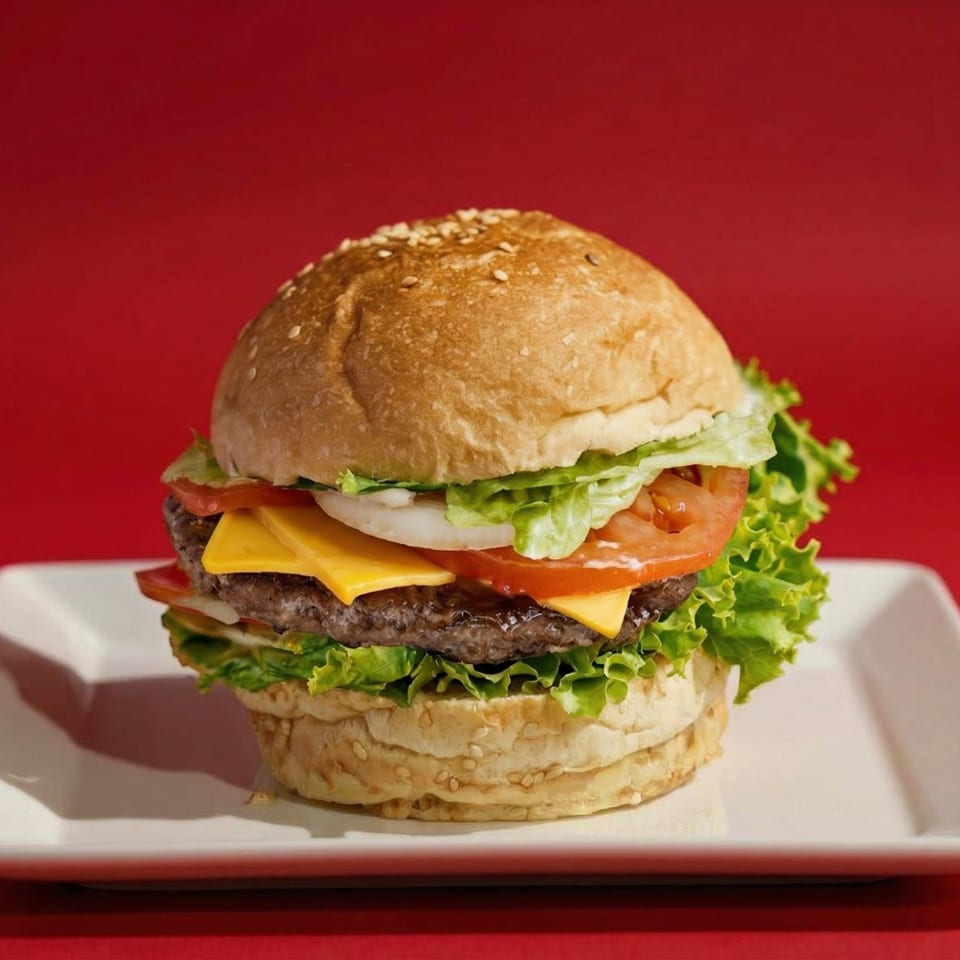 A juicy burger with cheese, lettuce, tomato, and onion on a sesame seed bun, on a white plate.