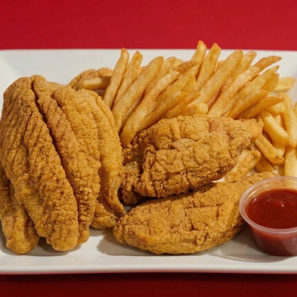 Crispy fried fish fillets and golden french fries with a side of ketchup on a white plate.