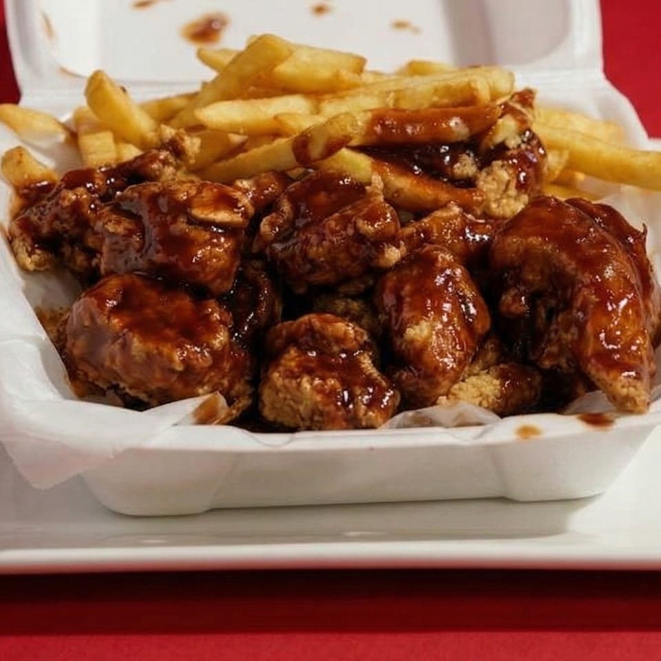Crispy chicken bites coated in a dark sauce, served with golden french fries in a white takeout container.